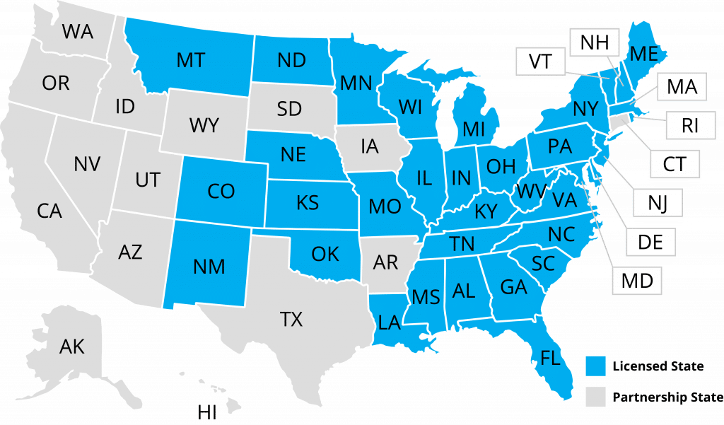 Map of United States with highlighted states and key showing license status